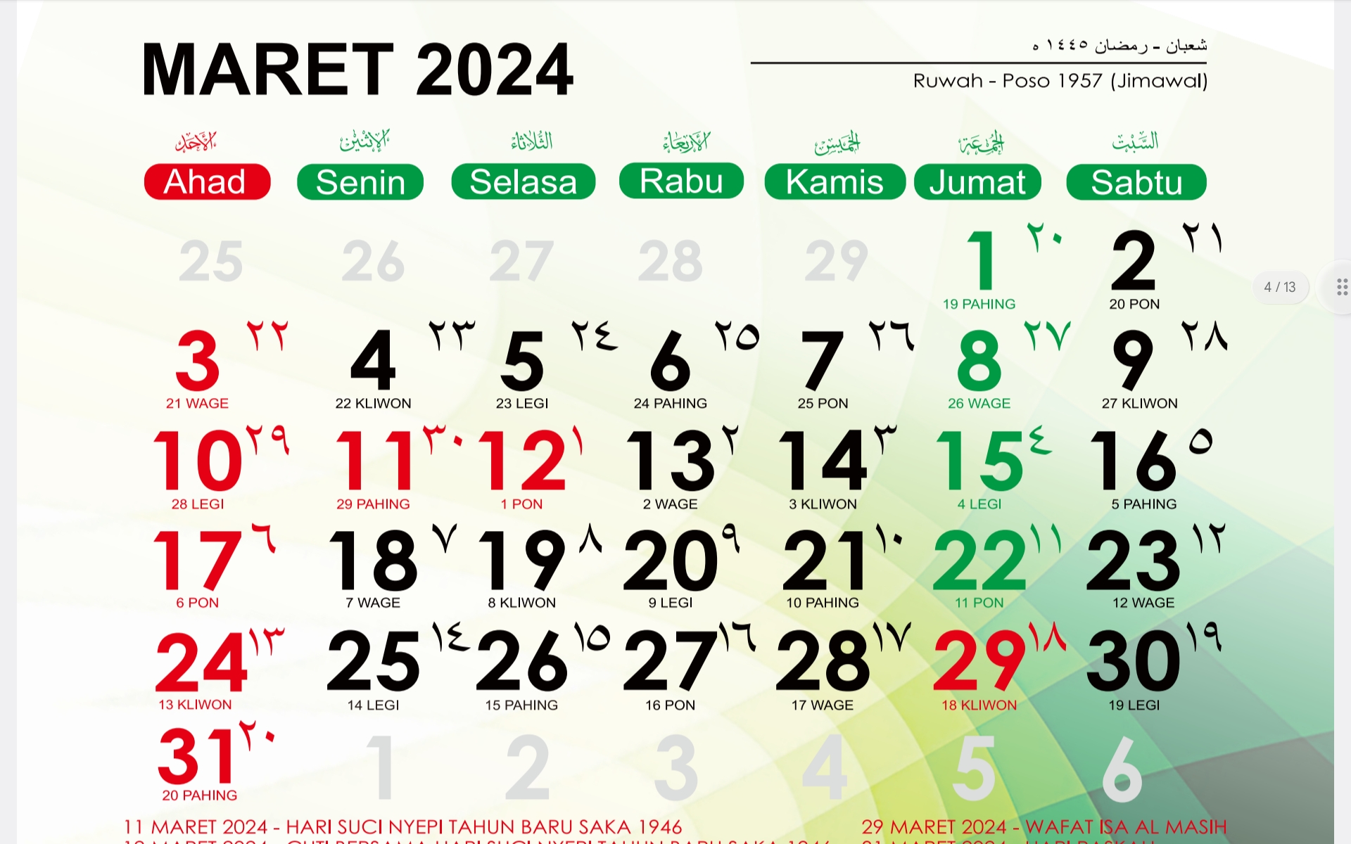 Kalender Jawa Maret 2024 | Foto: aceh.kemenag.go.id