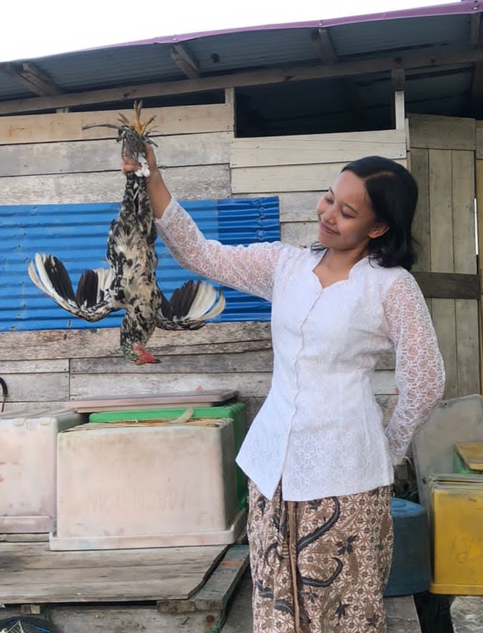 Salah satu teman yang menghadiri pesta pernikahan di Ujung Sialit bersama ayam hidupp yang dibawakan.