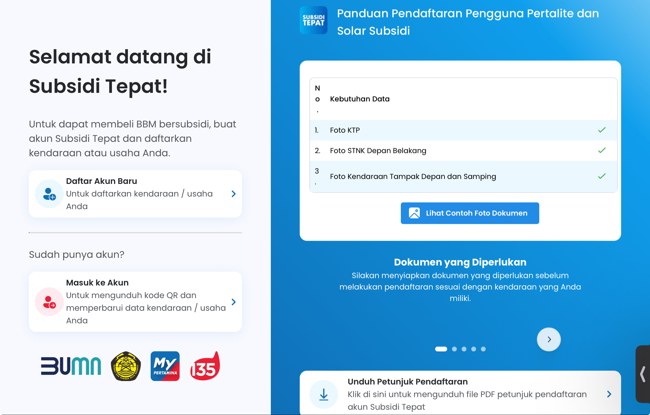 Tangkapan layar pendaftaran BBM bersubsidi via website 
