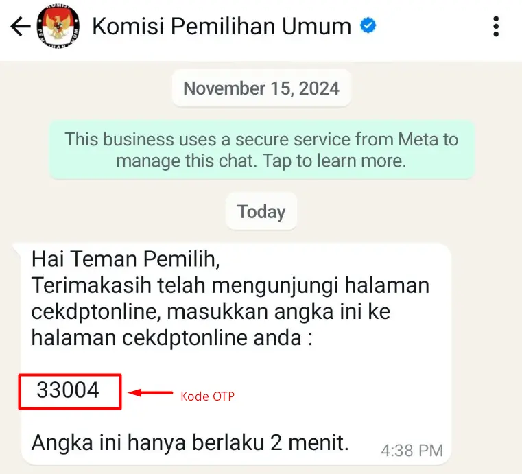 Contoh kode OTP yang dikirimkan ke WhatsApp