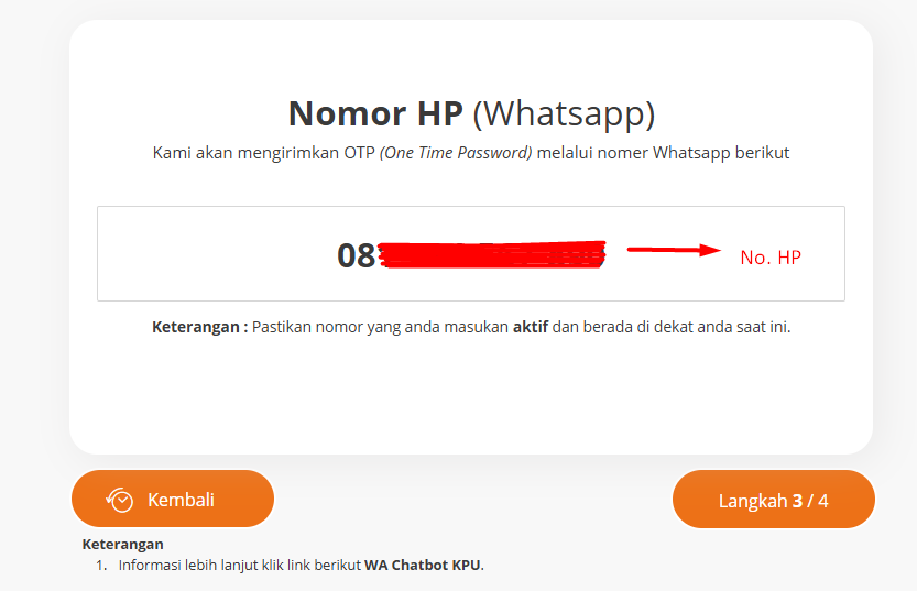 Memasukkan No HP di website cek DPT online