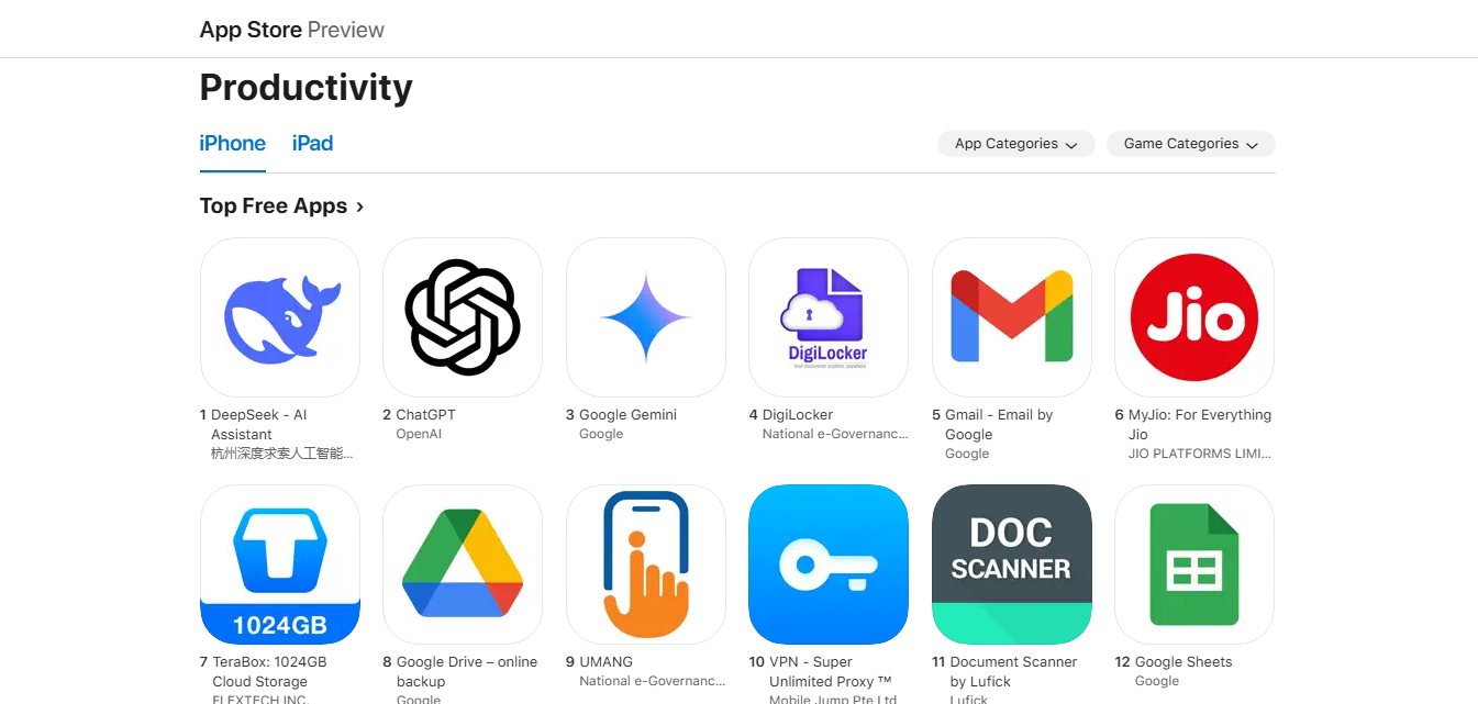 DeepSeek AI menduduki peringkat pertama aplikasi kategori Productivity di AppStore | Foto: Dokumen pribadi penulis