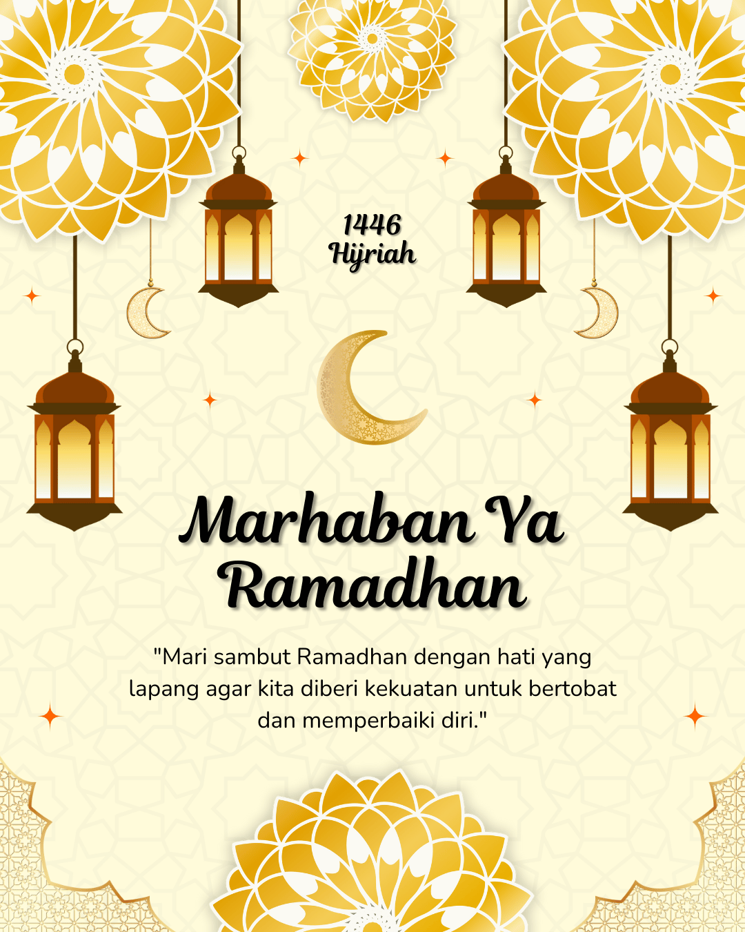 gambar poster marhaban ya ramadhan 1446 hijriah / 2025 masehi kuning coklat