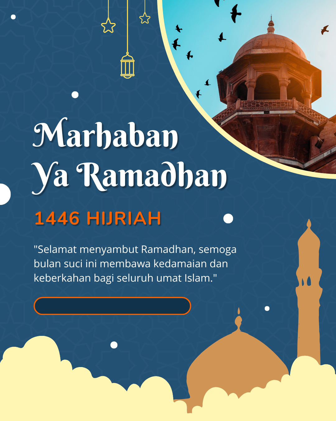 gambar poster marhaban ya ramadhan 1446 hijriah / 2025 masehi biru kuning