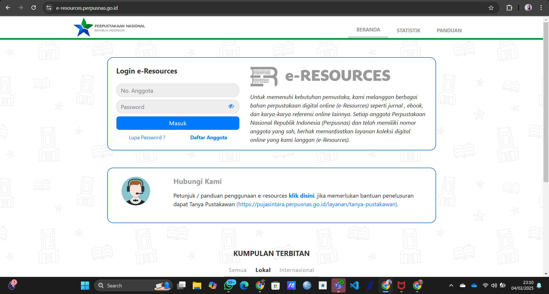 Tangkap Layar Laman Resmi e-Resources Perpusnas