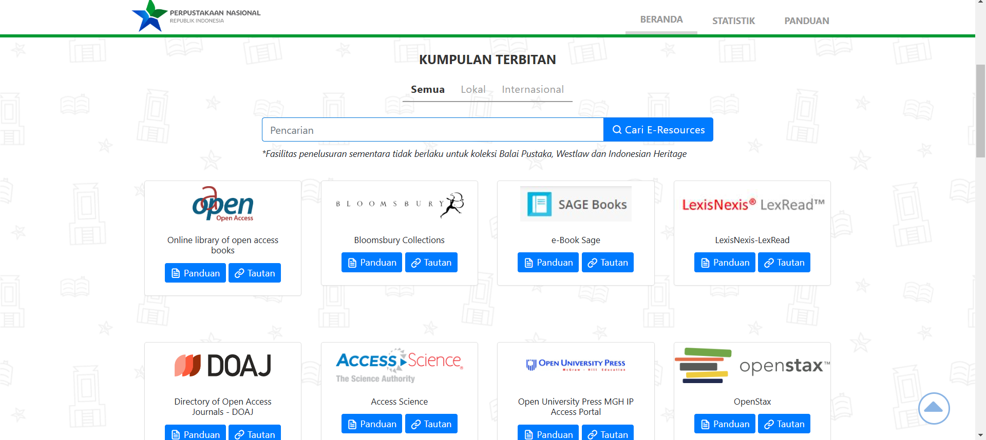 Tangkap layar beranda e-Resource