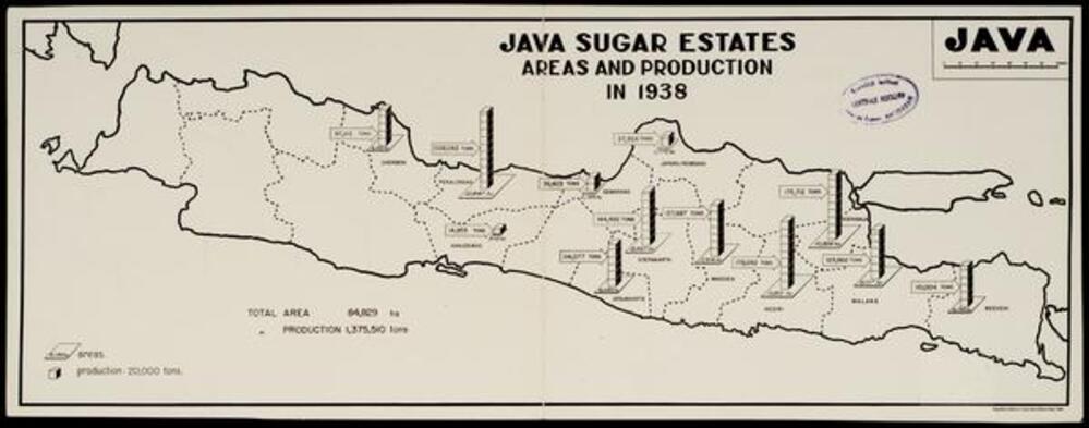 Peta persebaran perkebunan tebu di Jawa tahun 1938