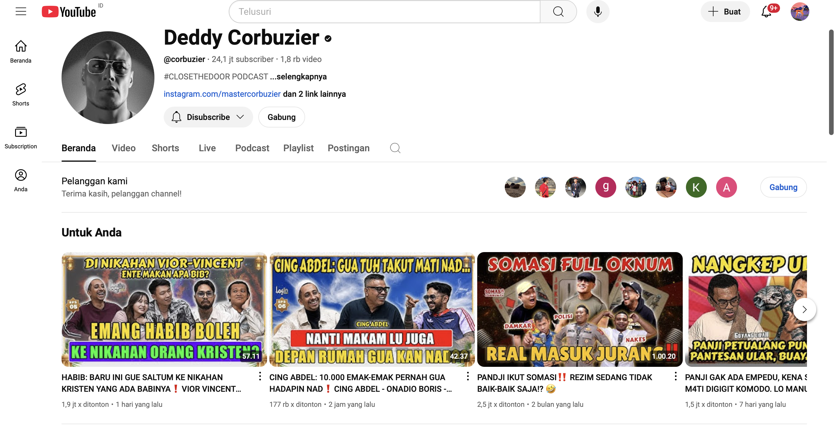 Tangkapan layar dari halaman youtube dedy corbuzier