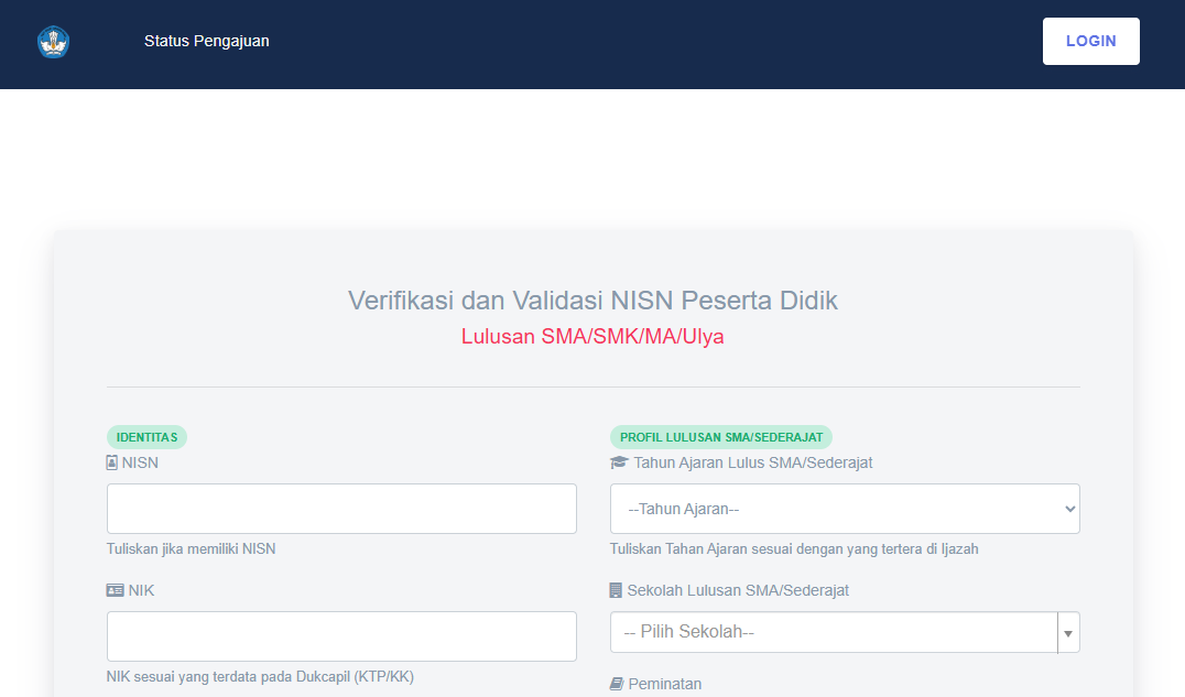 Halaman Website Kemendikbud untuk Verval NISN Sumber: Website Kemendikbud