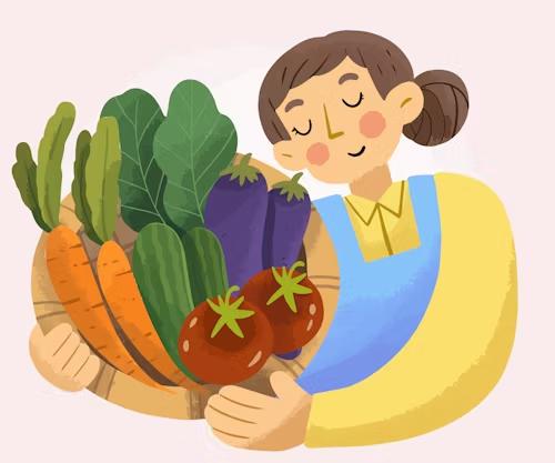 illustration of a woman carrying a basket of vegetables for vegan food (unsplash.com)