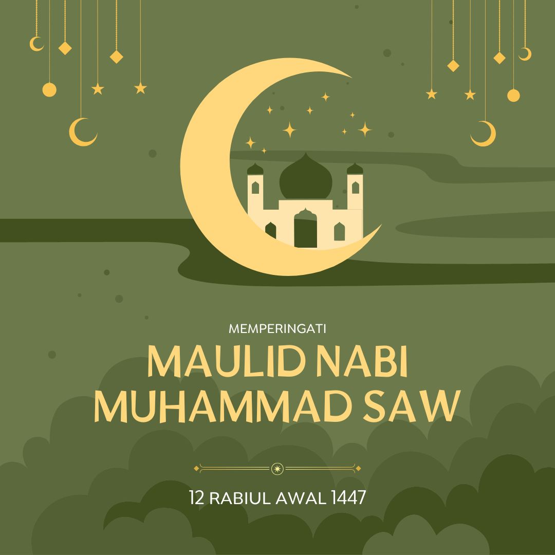 Desain Poster Maulid Nabi Muhammad dengan nuansa kuning dan hitam