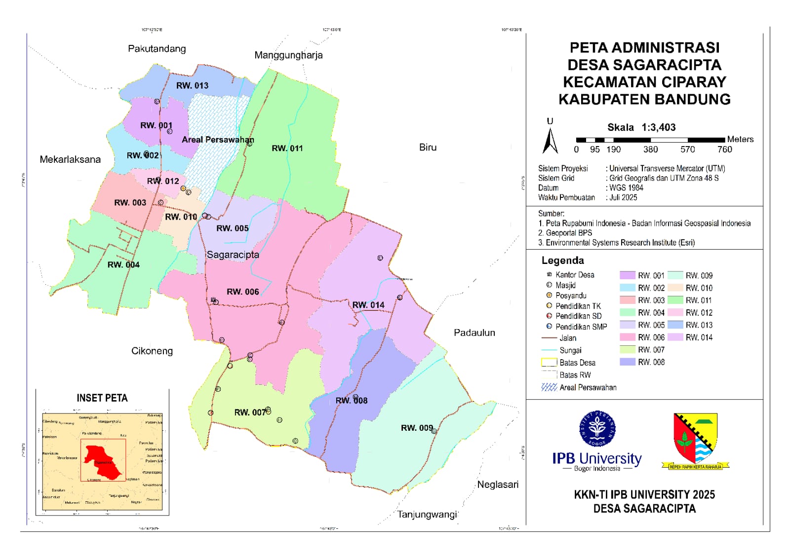 Peta Administrasi Desa Sagaracipta, Kecamatan Ciparay, Kabupaten Bandung. Peta ini menampilkan batas-batas wilayah RW (Rukun Warga) yang berjumlah 14, termasuk informasi mengenai fasilitas umum seperti masjid, posyandu, dan sekolah (TK, SD, SMP), serta batas desa dan sungai.
