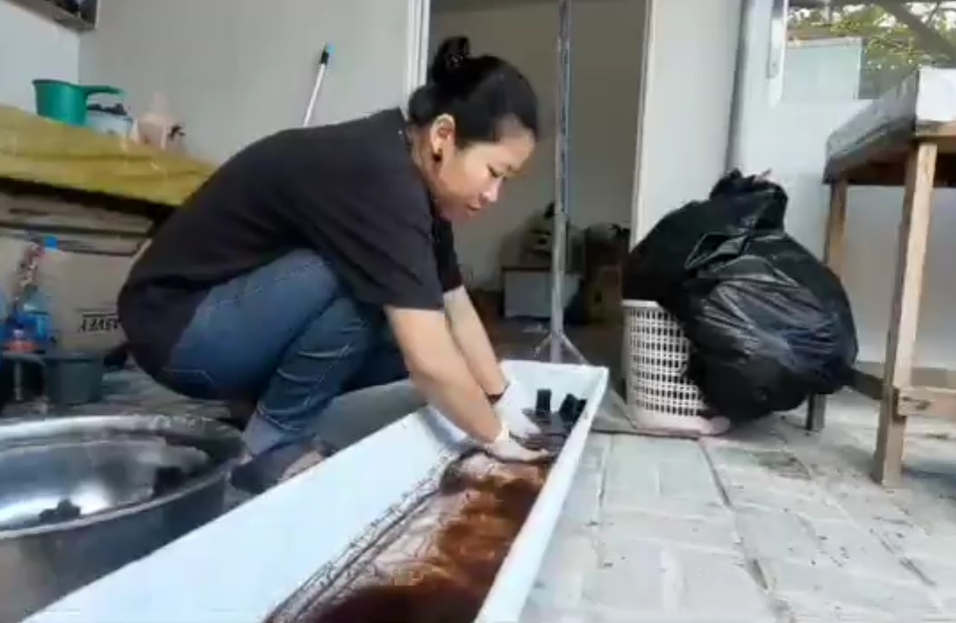 Priska sedang melakukan pewarnaan alami dengan akar mengkudu dan resam | Koleksi Priska