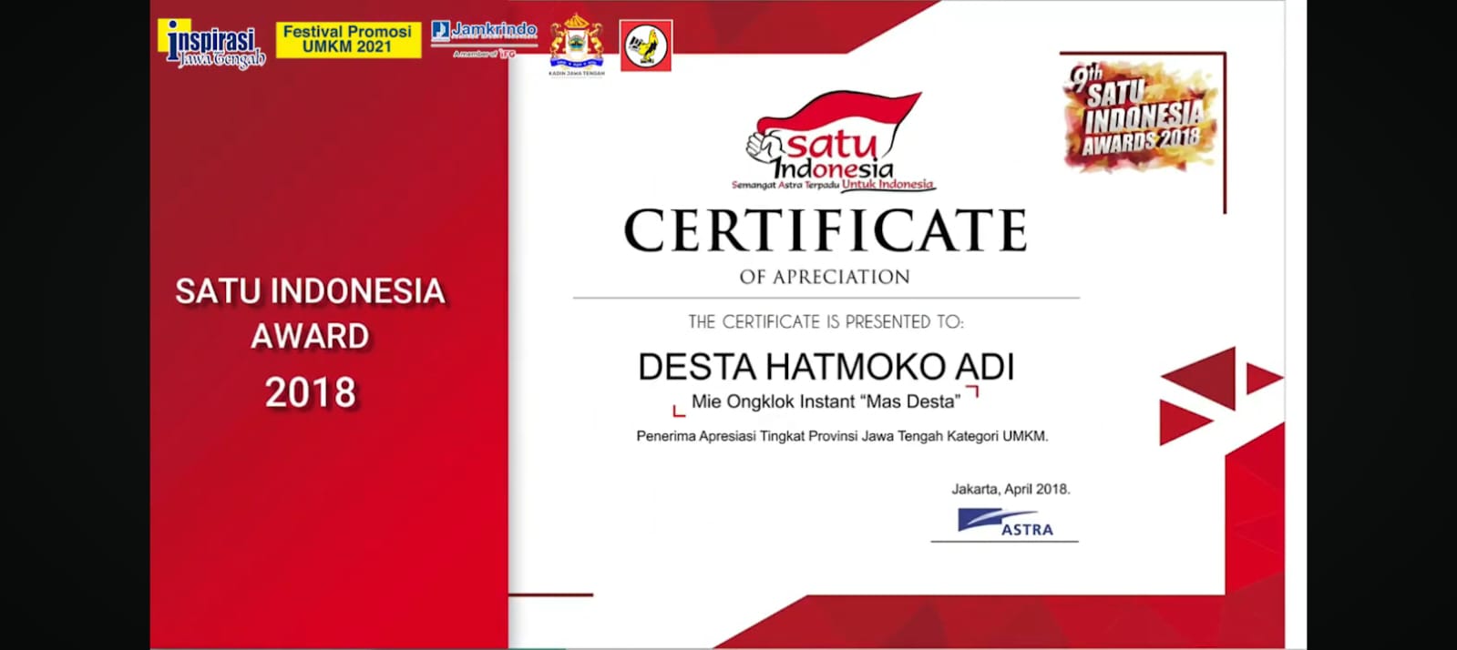 Sertifikat Penghargaan SATU Indonesia Awards | Foto: (akun Youtube Inspirasi Jawa Tengah)