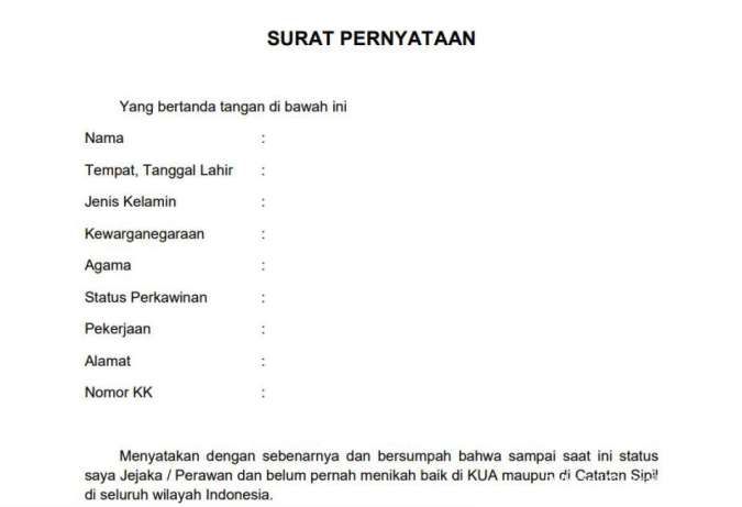 Contoh Surat Keterangan Belum Menikah | Dok. Dukcapil