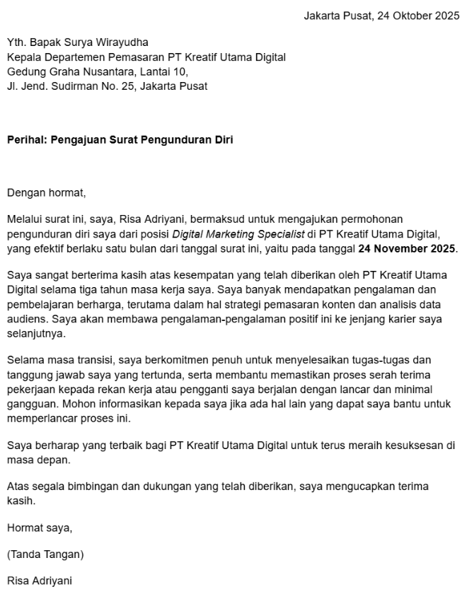 Contoh surat resign kerja karyawan yang profesional dan sopan