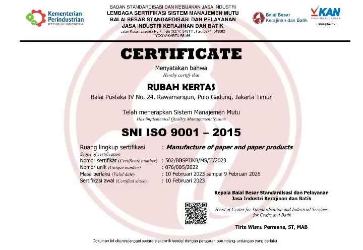 Sertifikasi SNI ISO 9001:2015 Rubah Kertas | Instagram Rubah Kertas
