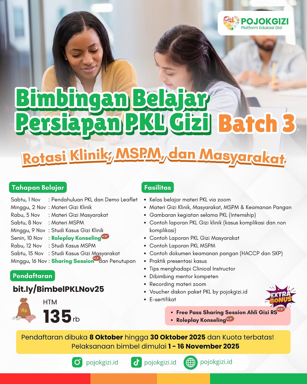 Pojok Gizi membuka kesempatan para mahasiswa gizi untuk bergabung dalam program Bimbingan Belajar PKL Gizi | Instagram Pojok Gizi