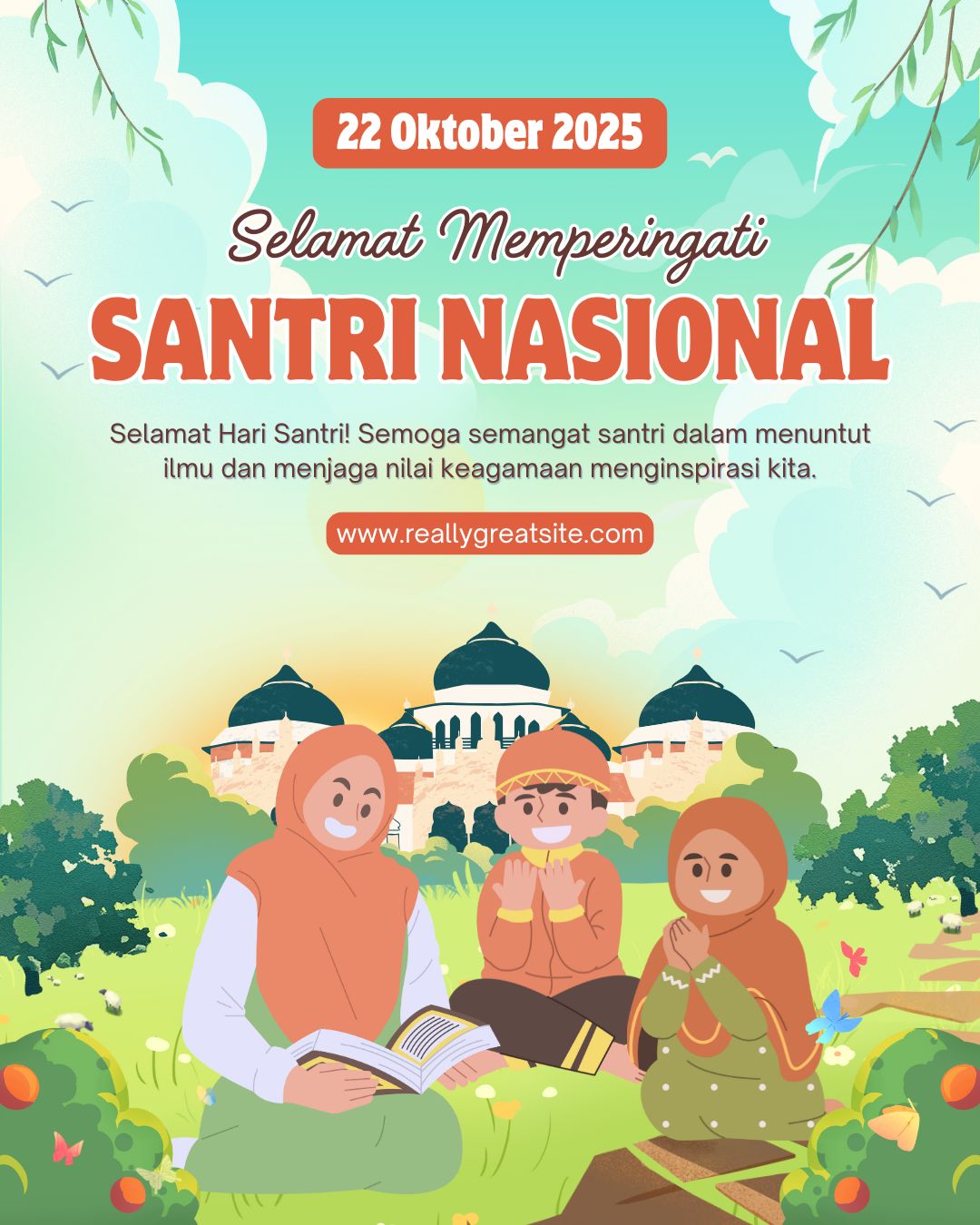  Ilustrasi Ucapan Hari Santri Nasional Nuansa Oranye dan Hijau