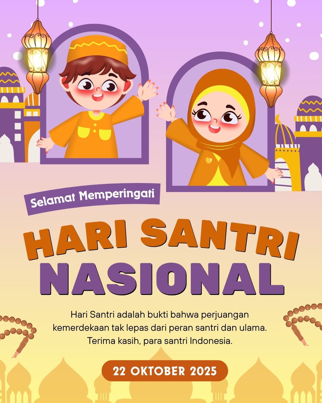 Ucapan Selamat Hari Santri Nasional Nuansa Oranye dan Ungu Ceria 