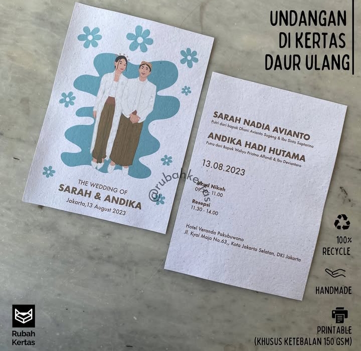 Wedding invitation, produk daur ulang kertas oleh Rubah Kertas | Instagram Rubah Kertas