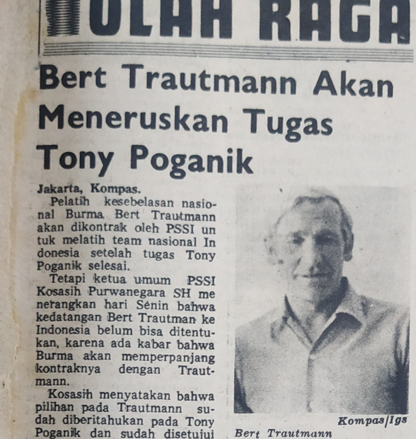 Potongan artikel surat kabar Kompas yang memberitakan Bert Trautmann diincar PSSI untuk ditugaskan melatih Timnas Indonesia. (Foto: Kompas)