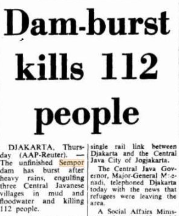  Artikel surat kabar Australia, The Canberra Times, mengabarkan bencana banjir bandang di Kebumen. Saat itu baru ada 112 korban jiwa yang baru ditemukan. (Sumber: The Canberra Times) 