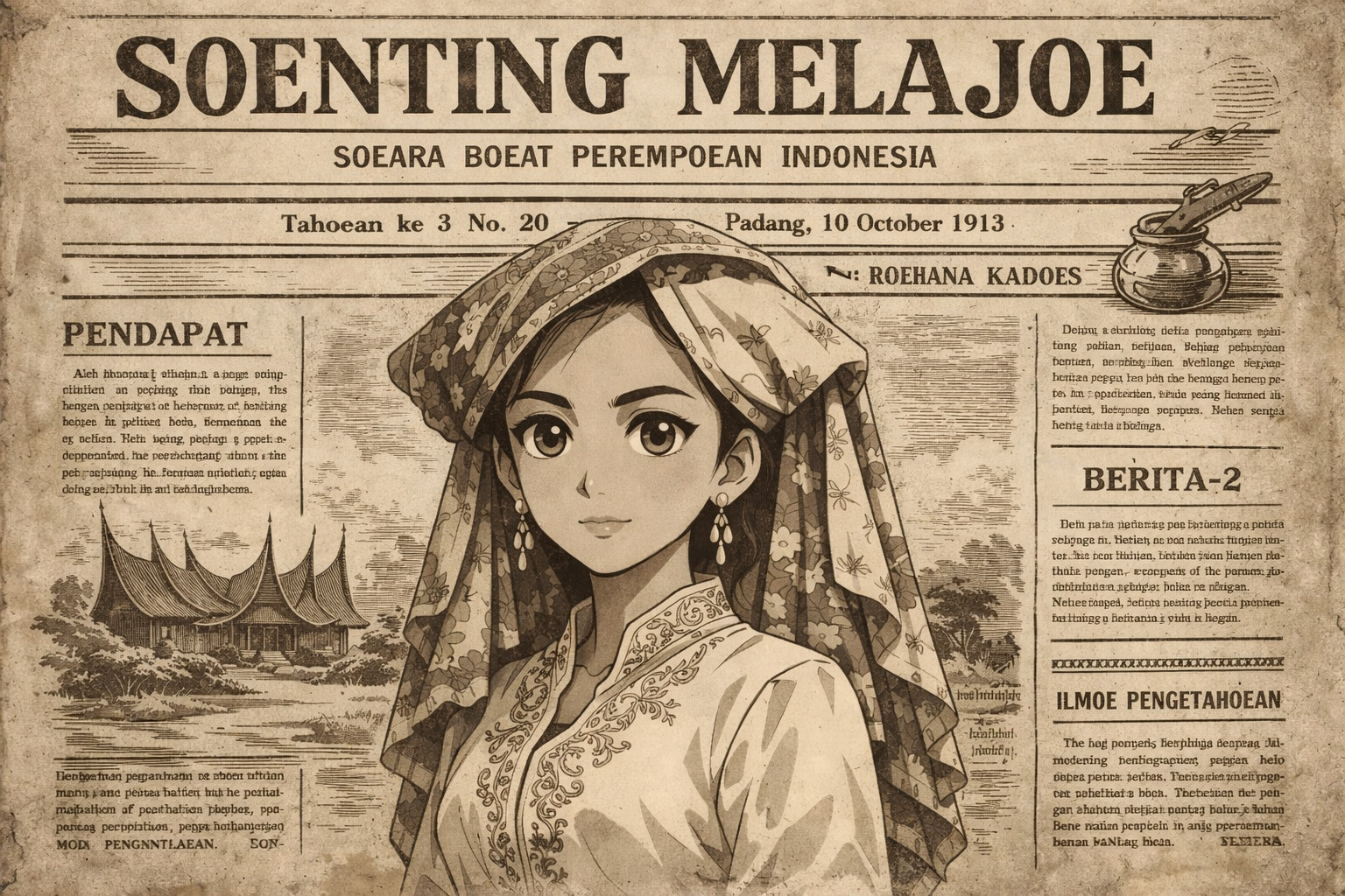 Ilustrasi sosok Rohana Kudus, Pendiri Soenting Melajoe | Dokumen Pribadi/AI