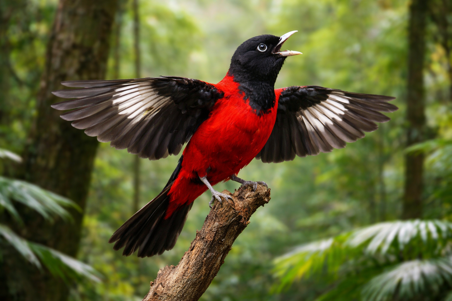 Salah satu keistimewaan yang paling unik adalah suaranya. Kepodang merah hitam memiliki variasi vokal yang khas, termasuk suara menyerupai kucing mengeong, panggilan berulang, serta bunyi “kek” dan “chep” yang tajam (Gambar: ChatGPT Image)