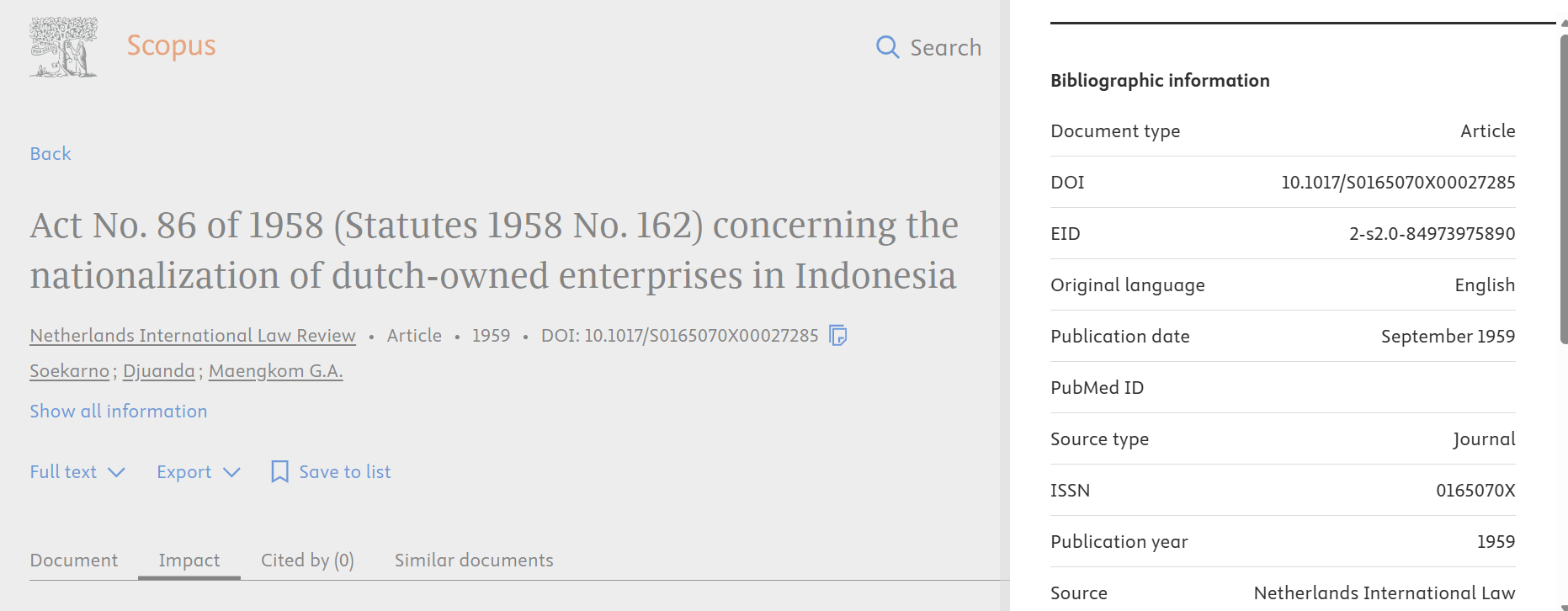Nama Soekarno tercantum dalam publikasi Scopus melalui dokumen kebijakan nasionalisasi tahun 1958.