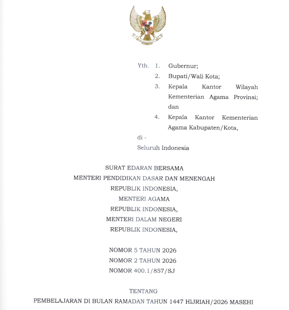 Surat Edaran Bersama Menteri Pendidikan Dasar dan Menengah, Menteri Agaman, Menteri Dalam Negeri Republik Idonesia Nomor 5 tahun 2026 | Sumber: Tangkapan Layar Laman paudpedia.kemendikdasmen.go.id @Revaldy Latumeten