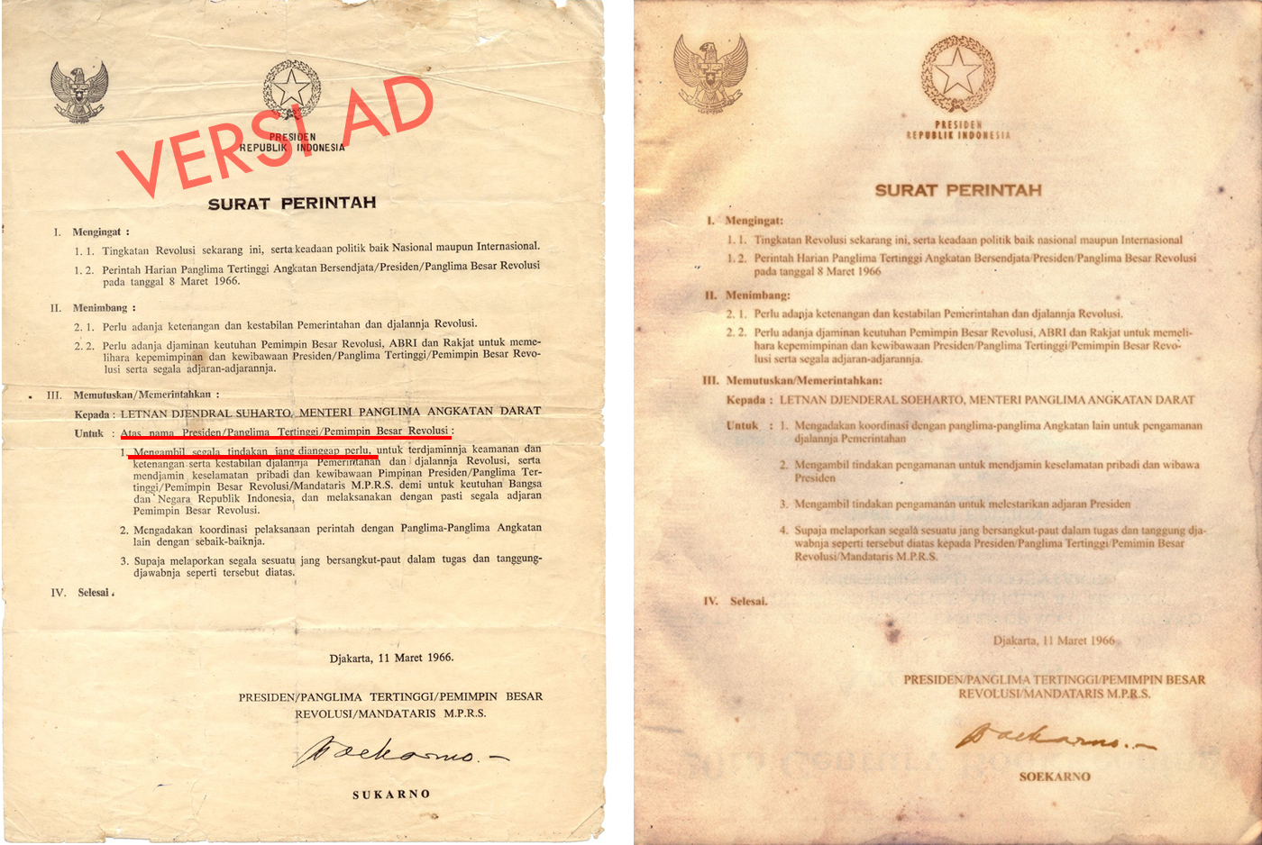 Potret Dua Versi Dokjmen Supersemar | Sumber: Wikipedia Commons @Hendradiningrat
