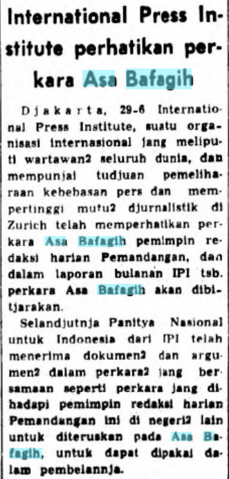 Organisasi wartawan internasional ikut memberi dukungan kepada kasus Asa Bafagih. (Sumber: Sin Po)