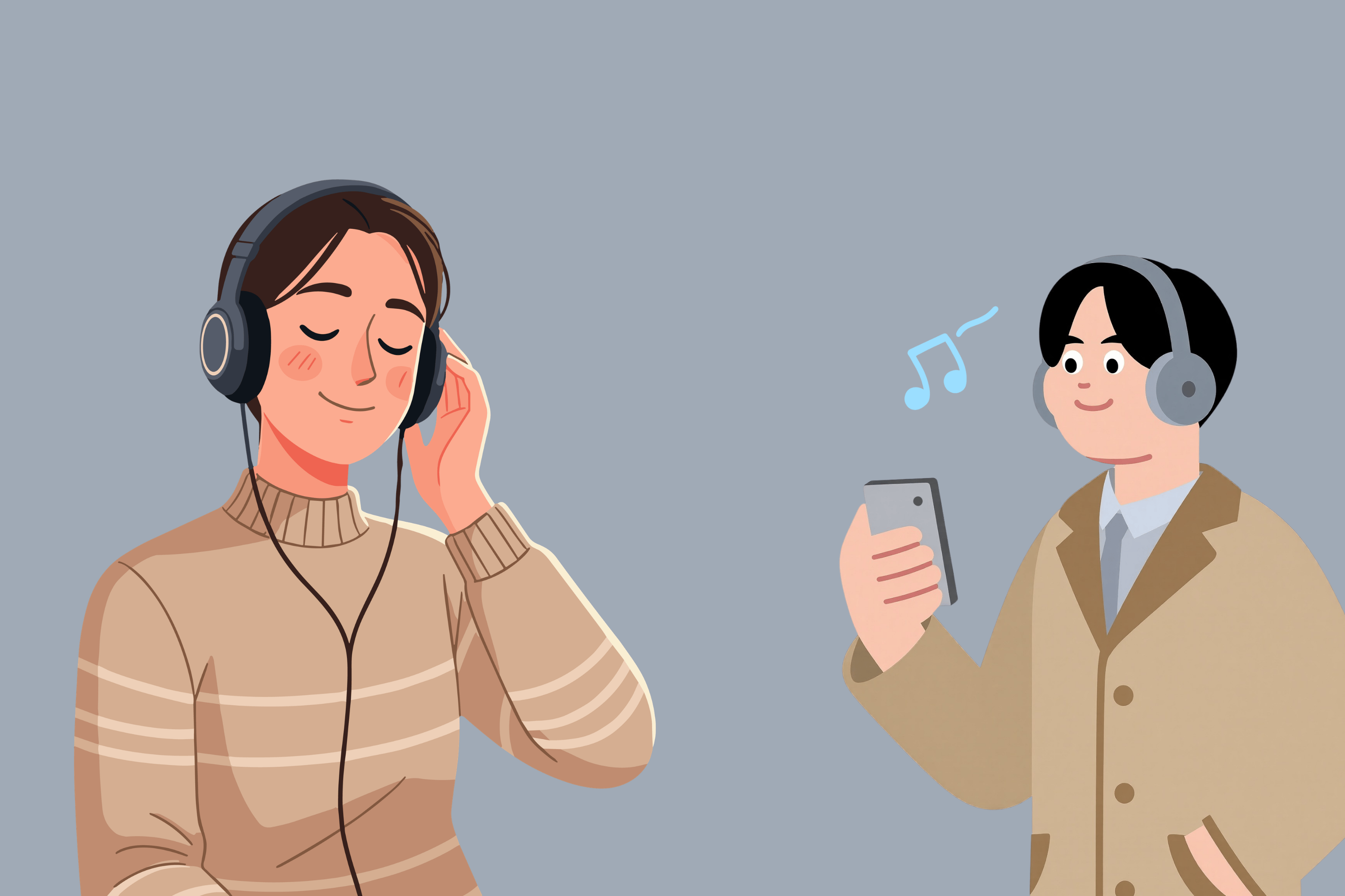 Dua orang sedang mendengarkan musik , Foto: Canva Premium