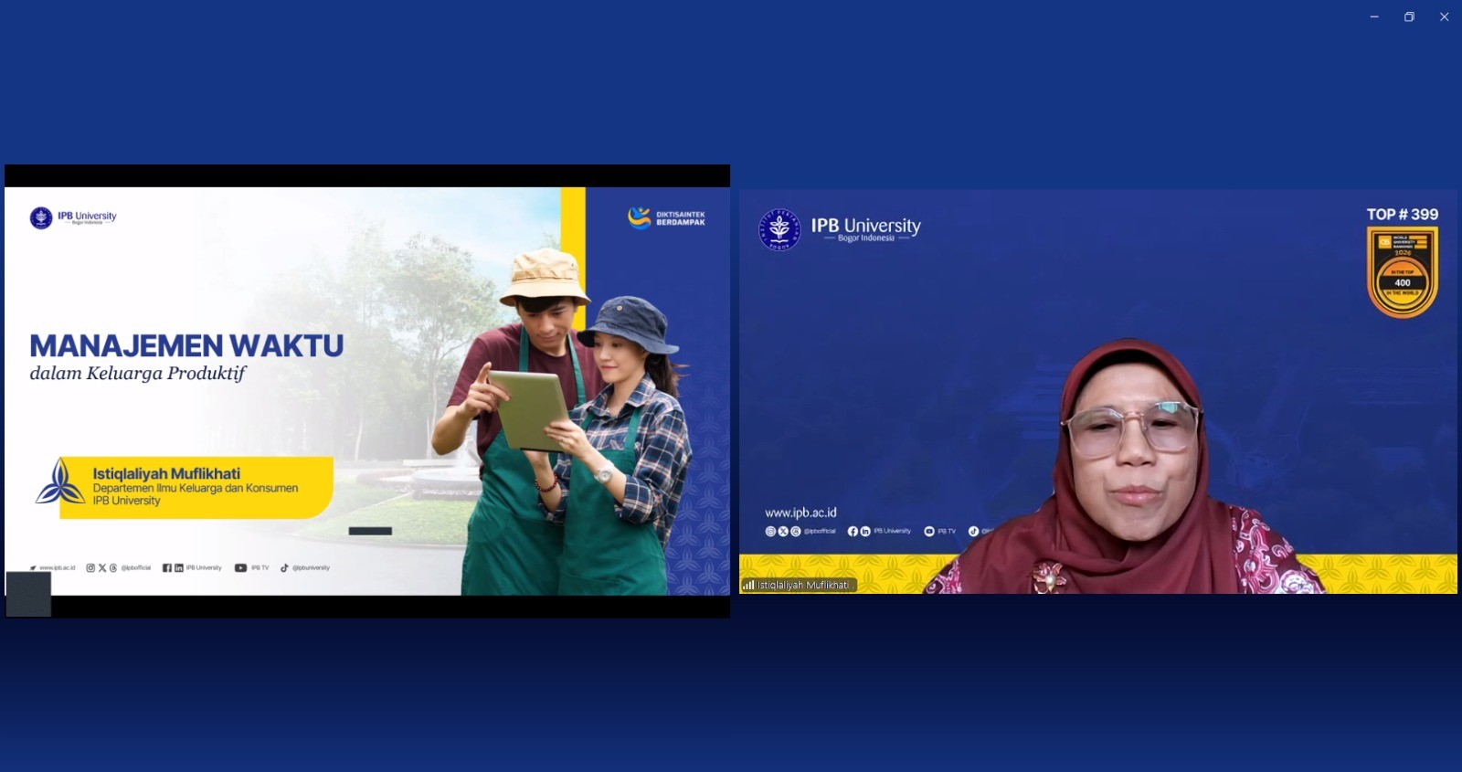 Pelaksanaan Webinar Keluarga Produktif dan Berdaya | Sumber: Lembaga Pengembangan Agromaritim dan Akselerasi Innopreneurship IPB