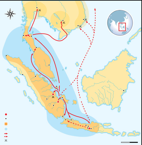 Wilayah kekuasaan Sriwijaya yang paling luas pada sekitar abad ke-8 hingga abad ke-11 | Gunawan Kartapranata - Own work by uploader,redrawed from Munoz 