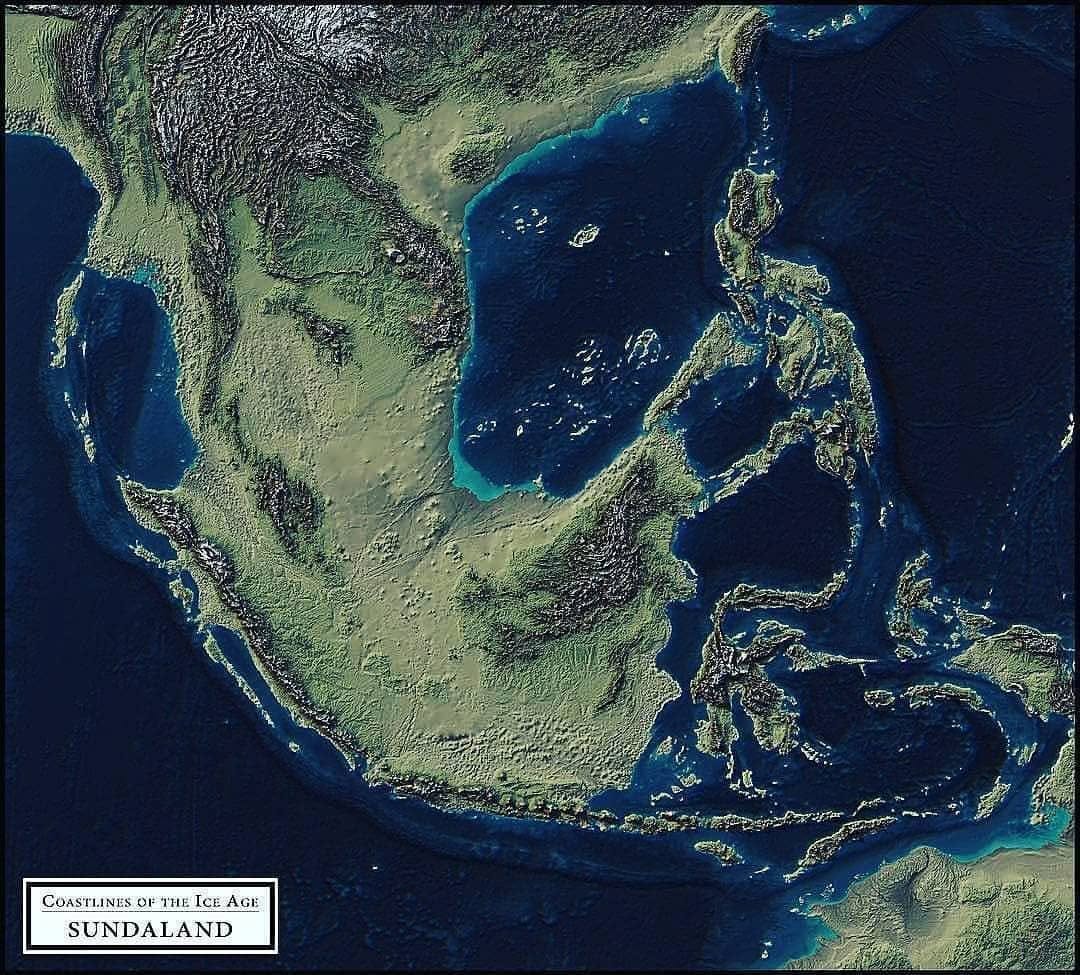 CRekonstruksi garis pantai Sundaland pada puncak zaman es, ketika Sumatra, Jawa, Kalimantan, dan Semenanjung Malaka masih menyatu sebagai satu daratan. (Sumber: Coastlines of the Ice Age) 