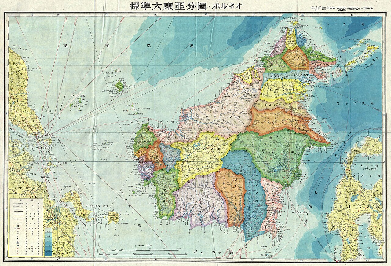Peta pendudukan Borneo pada 1943 oleh Jepang pada Perang Dunia II | wikimedia commons