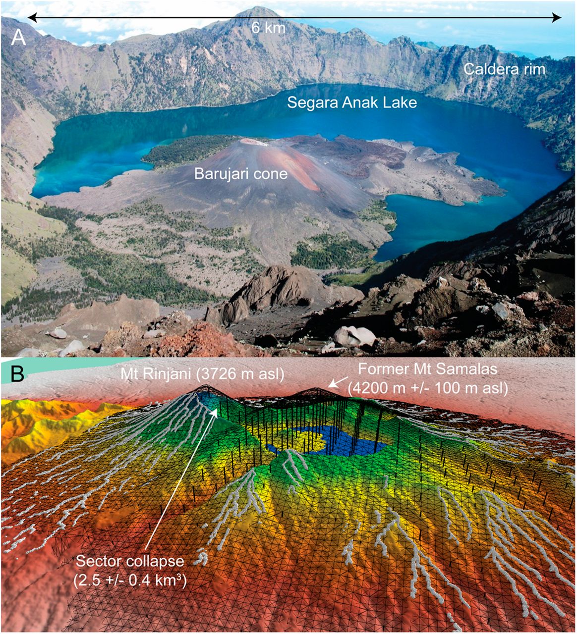  Foto udara Danau Segara Anak dan kerucut Barujari yang tumbuh di bekas kaldera Samalas (atas), serta rekonstruksi topografi yang membandingkan tinggi Gunung Rinjani sekarang (3.726 mdpl) dengan perkiraan tinggi Samalas sebelum runtuh pada 1257 (sekitar 4.200 mdpl). Sumber gambar: Lavigne, F., et al. (2013), PNAS, 110(42), 16742-16747, https://doi.org/10.1073/pnas.1307520110. Foto panel A oleh Zulz (