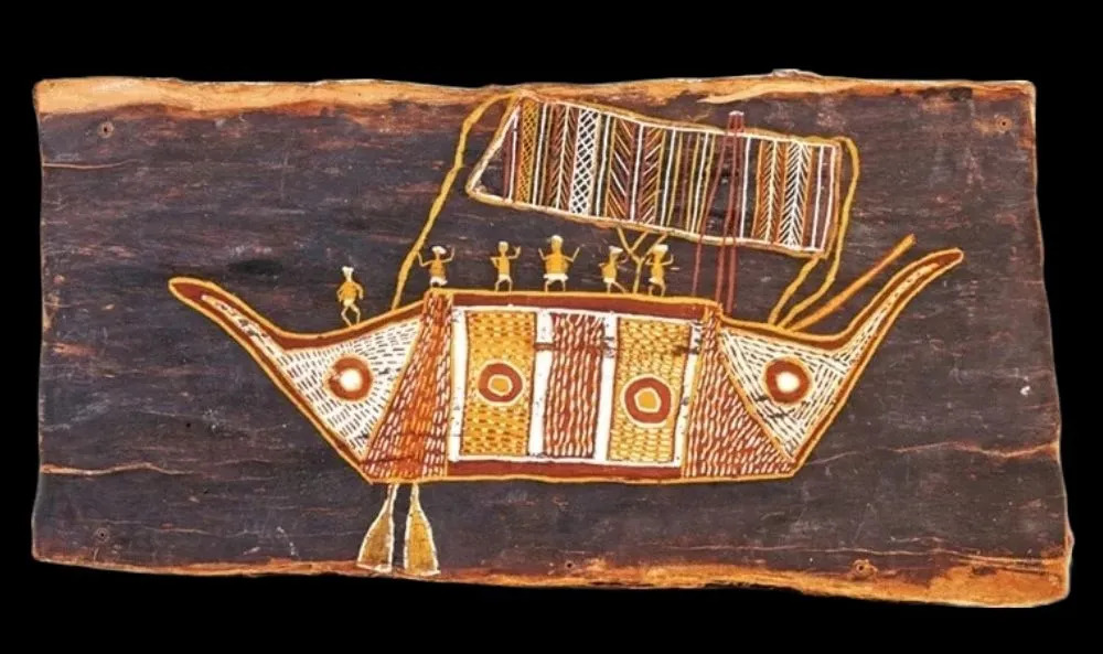 Bark painting perahu prau karya Minimini Numalkiyiya Mamarika, pigmen alami di atas kulit kayu. . | https://www.aboriginal-bark-paintings.com/