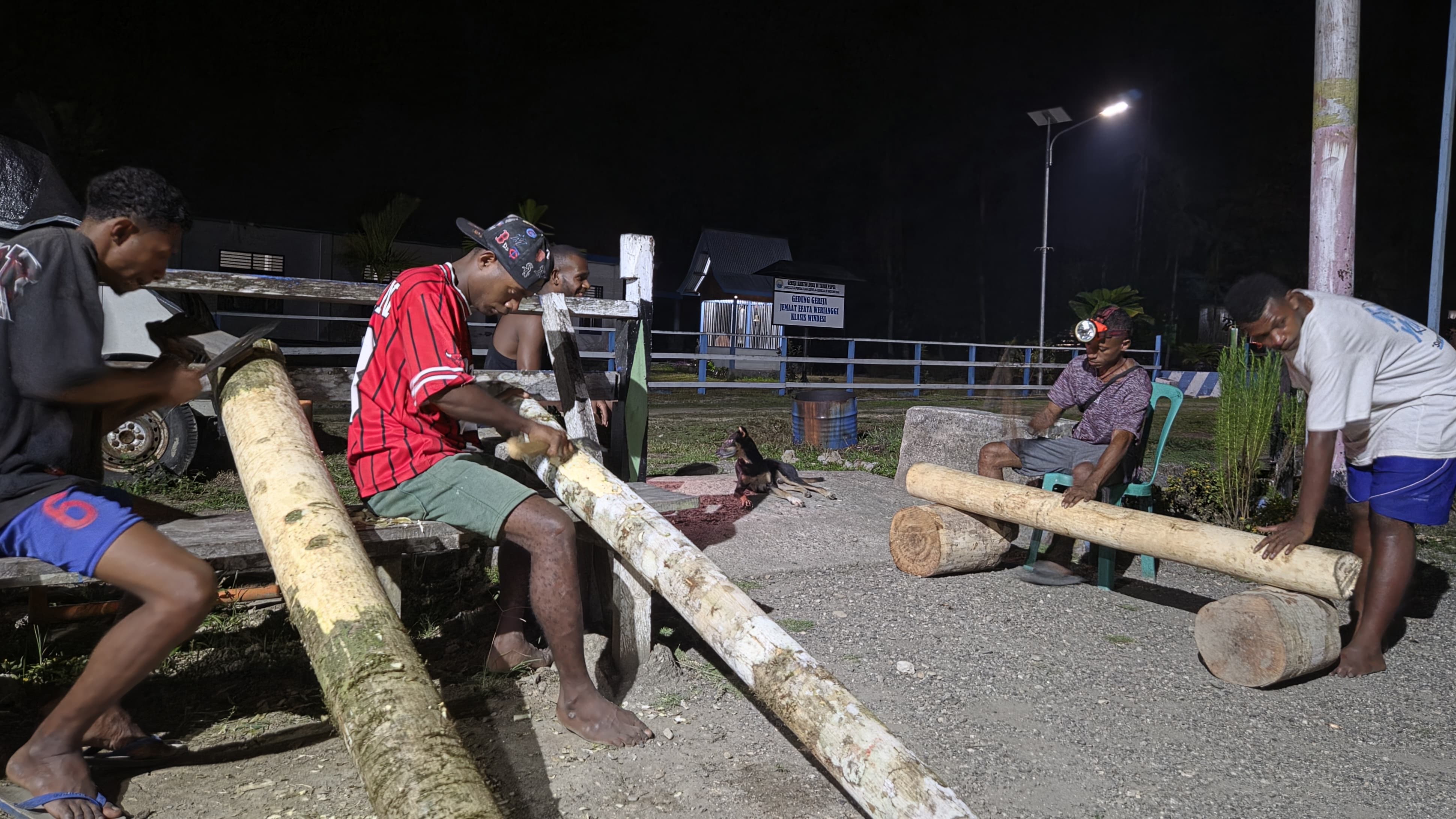  Pemuda Kampung Werianggi bergotong royong sembari belajar mengolah pohon Tari Wondei untuk mengambil kulit kayunya | Dokumentasi Pribadi 