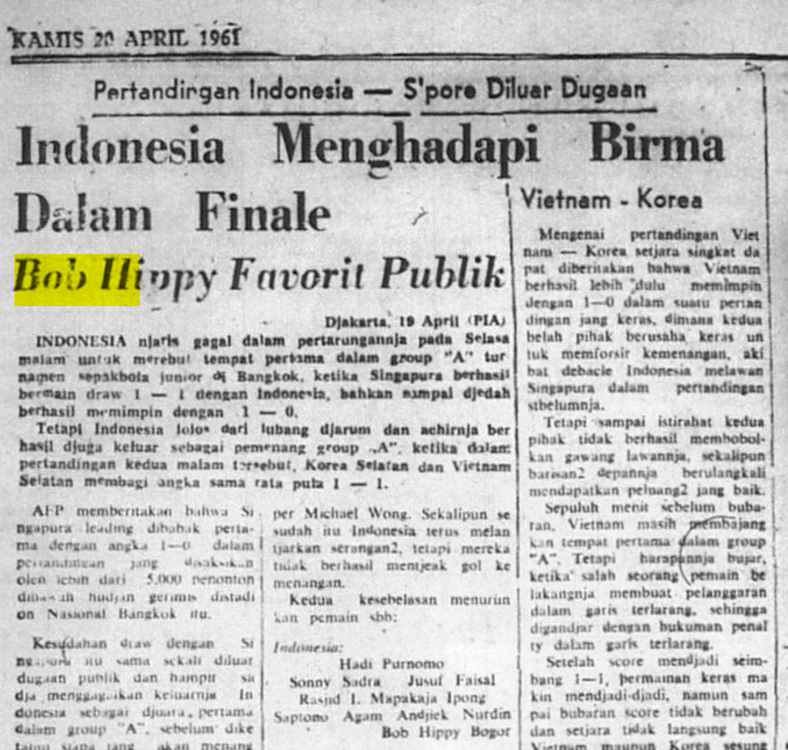 Artikel Merdeka yang menyebut Bob Hippy dielu-elukan oleh penggemar sepak bola di Bangkok. (Foto: Merdeka)