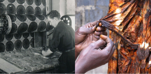 Pekerja di pabrik Vlisco, Belanda, memeriksa kain wax print bermotif lingkaran karya desainer Belanda Piet Snel. Kain jenis ini berakar dari upaya pabrik Belanda meniru batik Jawa pada abad ke-19. Kanan: Perajin di Gambia membuka ikatan kain celup buatan tangan, salah satu tradisi pewarnaan kain yang sudah ada di Afrika Barat sebelum wax print Belanda datang. Foto: BBC (kiri), African Fabric (kanan).