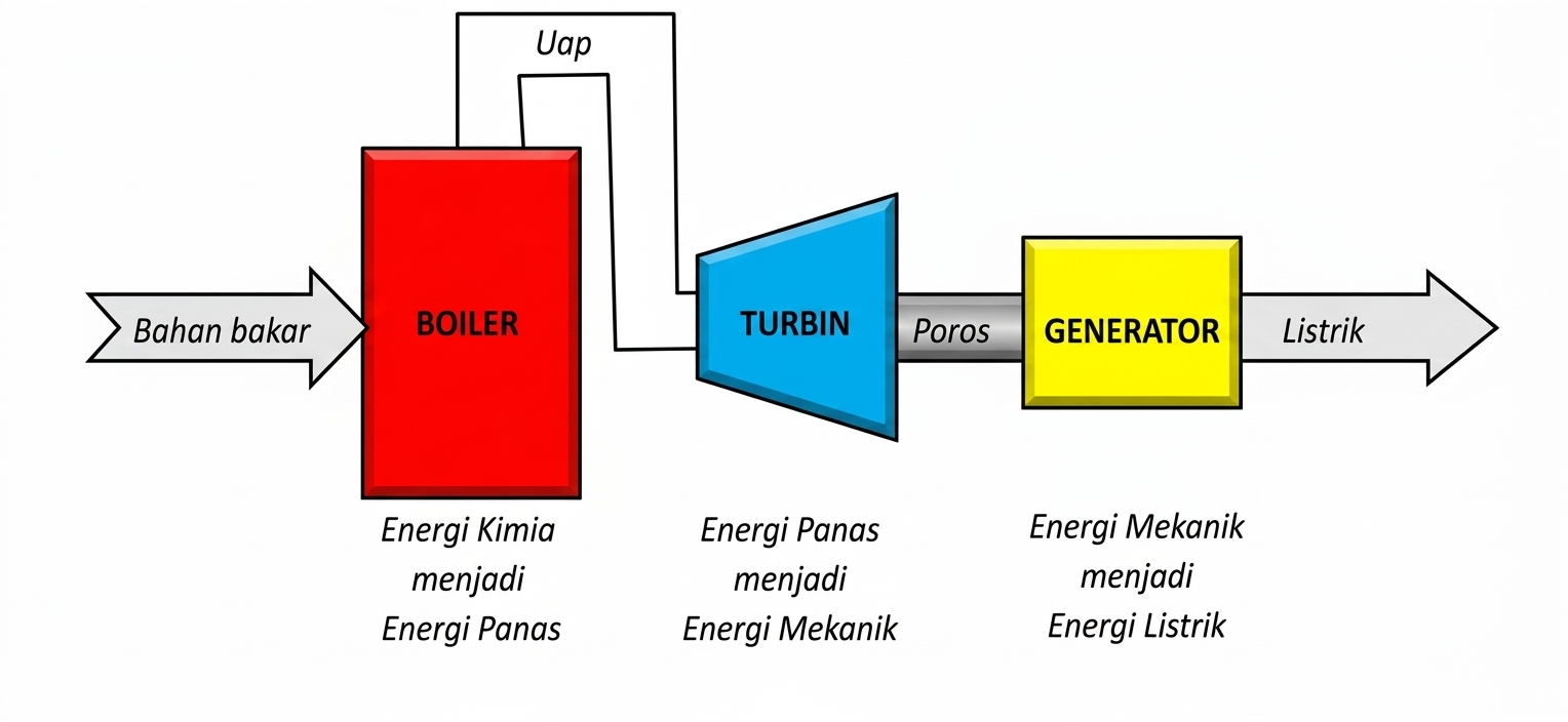 Bagaimana Cara Kerja PLTU Menghasilkan Listrik? | Eprints.polsri.ac.id dan Djiteng Marsudi (2011), Upscaled with Gemini