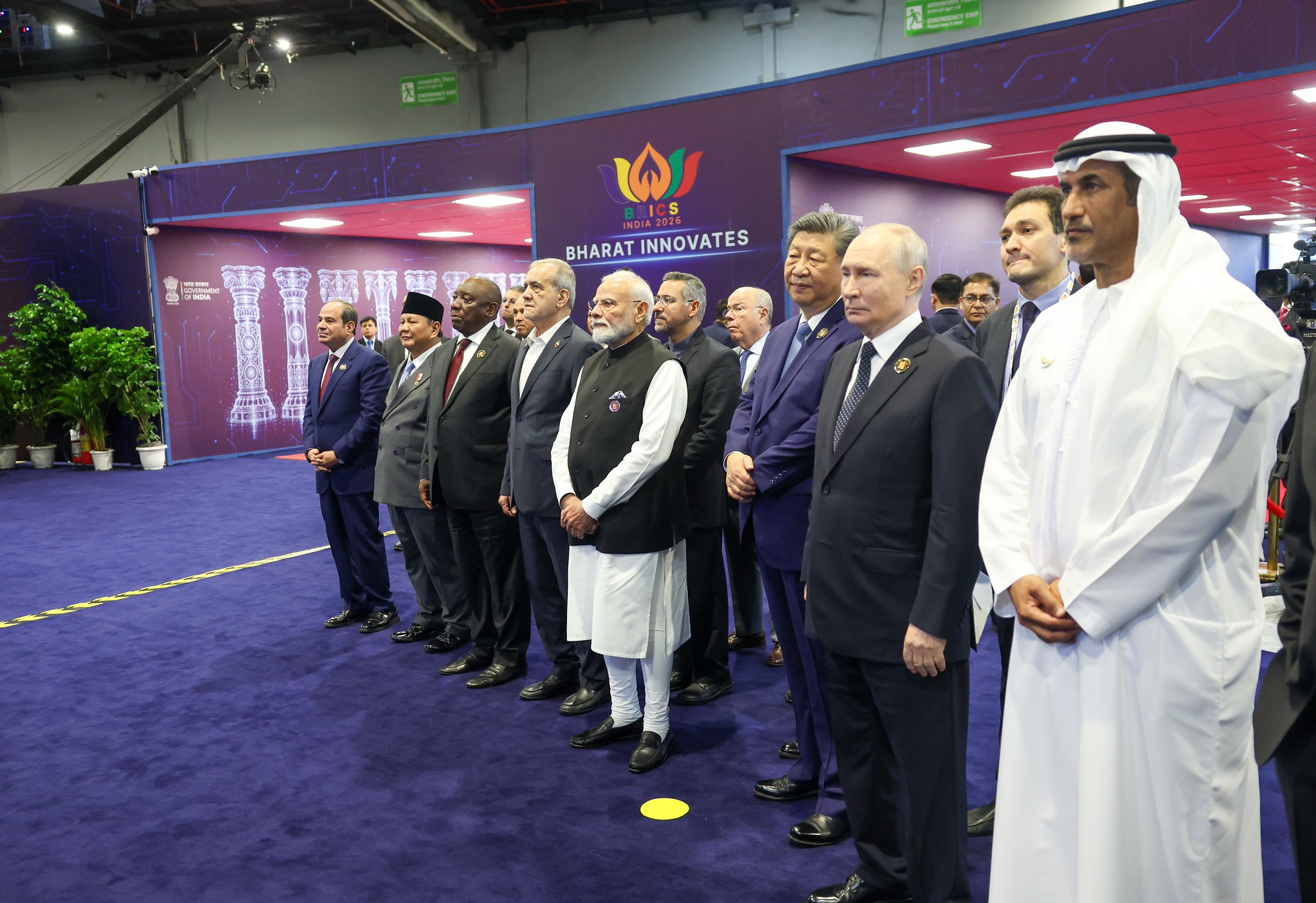 Prime Minister Narendra Modi joins fellow BRICS leaders at the Bharat Innovates exhibition at Bharat Mandapam in New Delhi.