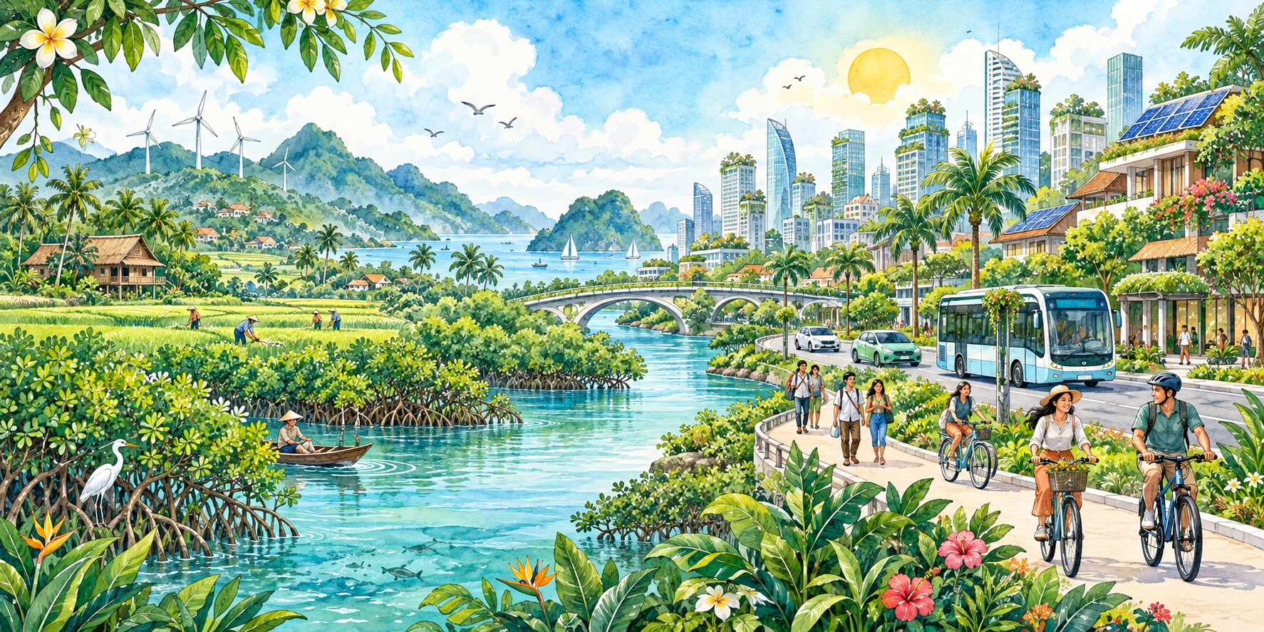 An illustration of a cleaner, zero-emissions Southeast Asia powered by renewable energy and sustainable communities.