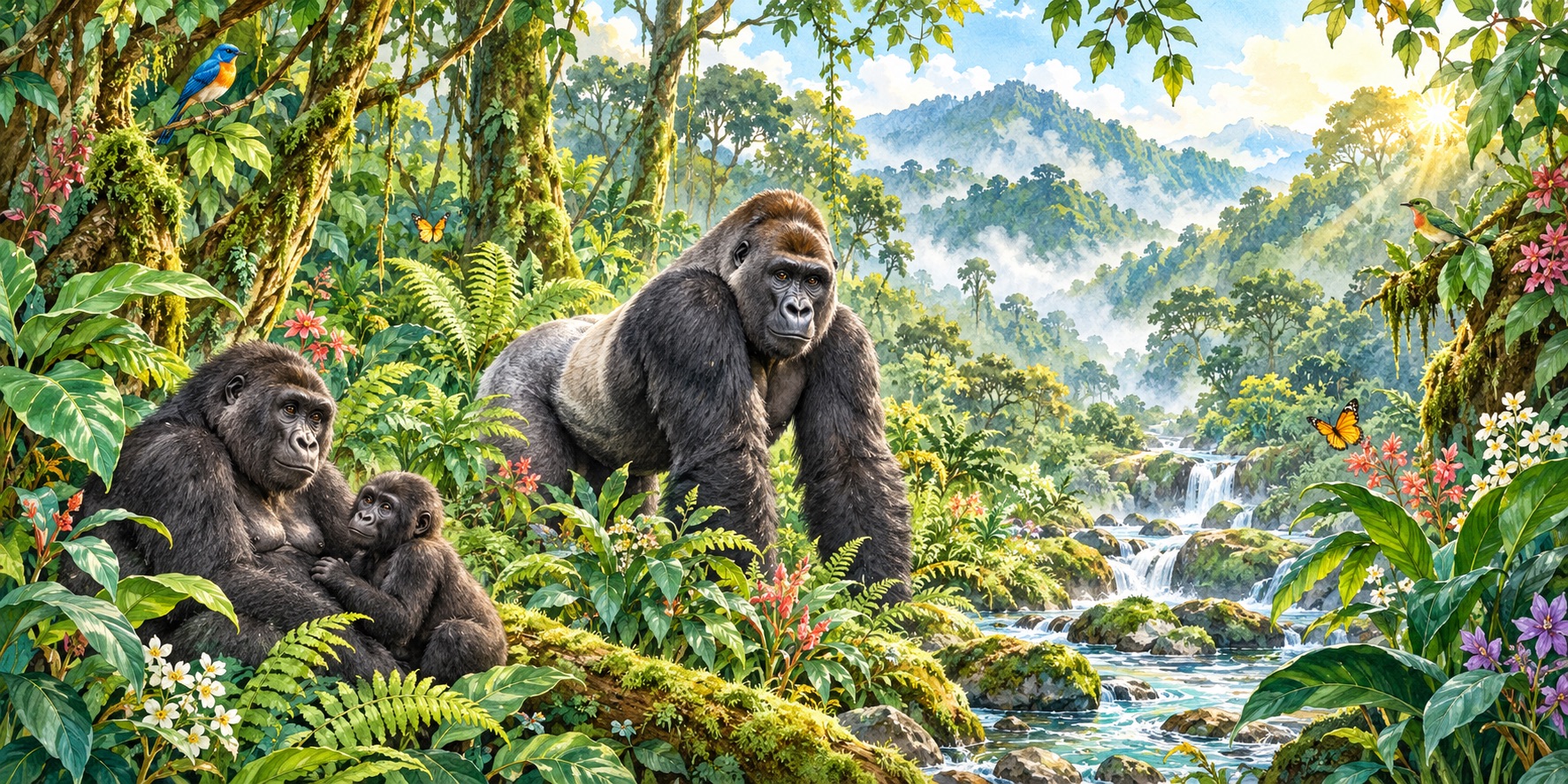 An illustration of a gorilla family thriving in a protected African rainforest on World Gorilla Day.
