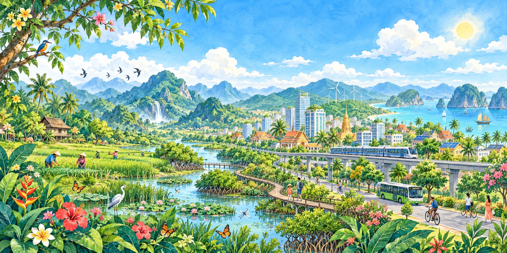 An illustration of a greener Southeast Asia, where clean transport, renewable energy and thriving ecosystems support healthier communities under shared blue skies.
