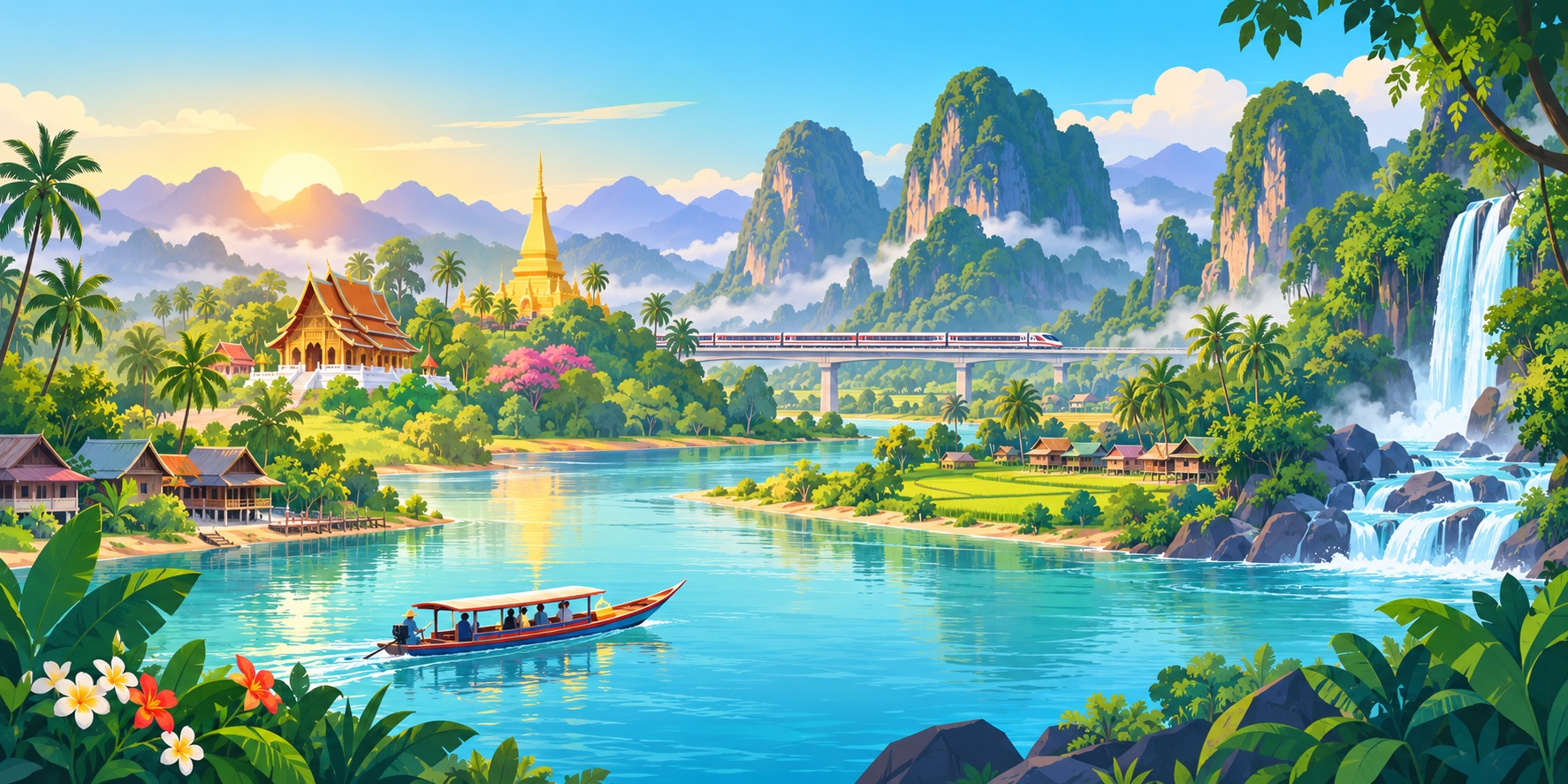An illustration of a scenic journey through Laos, where the Mekong River, golden temples, limestone karsts, waterfalls and modern rail connectivity meet.