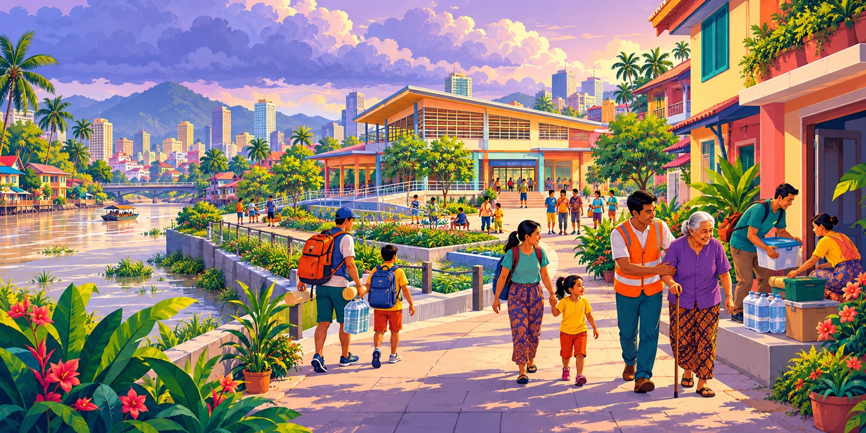 An illustration of a Southeast Asian community preparing for floods through safer homes, shared action and support for vulnerable residents.
